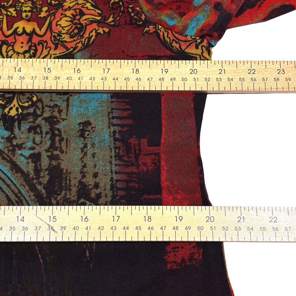 Calessa Graphic Art Print Tunic Red Black Size 1X Asymmetric Lace Hem Lagenlook - Picture 7 of 11